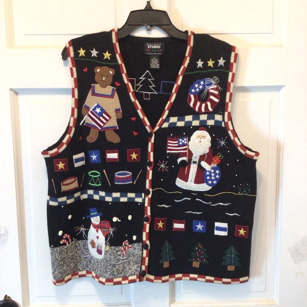 Designer Originals Studio Santa Patriotic American Christmas Sweater Vest 2X